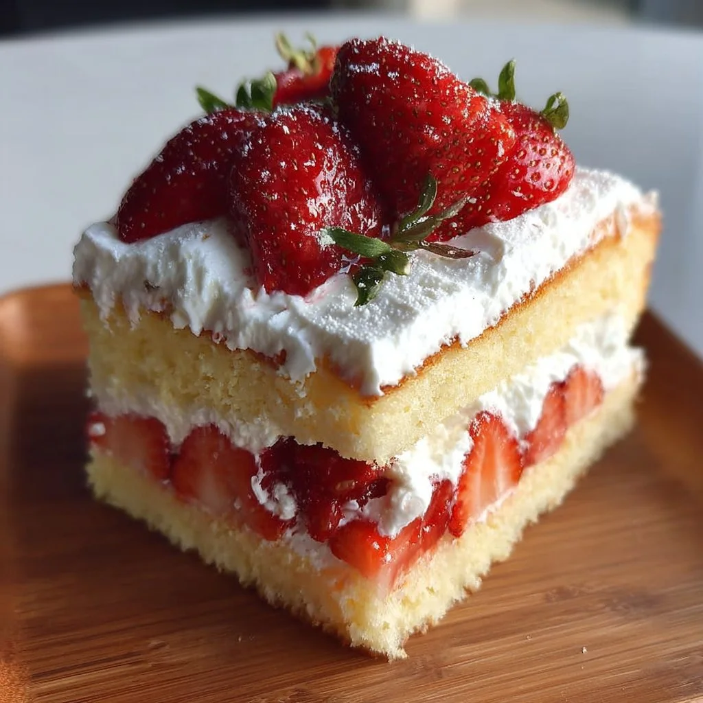 Delicious strawberry shortcake cake topped with fresh strawberries and whipped cream.