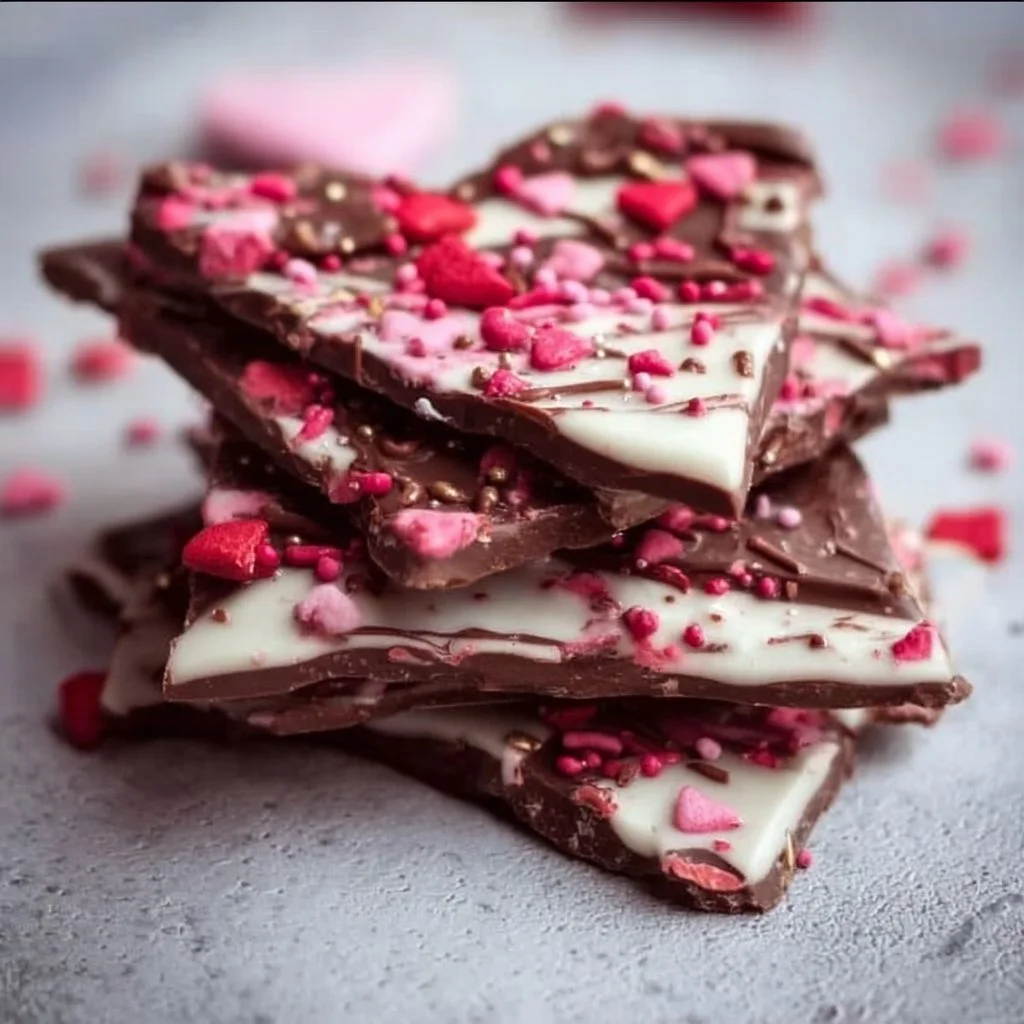 Valentine’s Chocolate Bark decorated with hearts and sprinkles