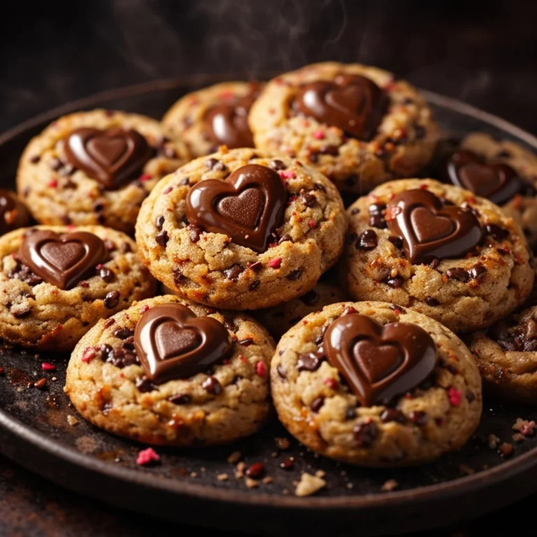 Delicious Valentine's chocolate chip cookies arranged with heart decorations