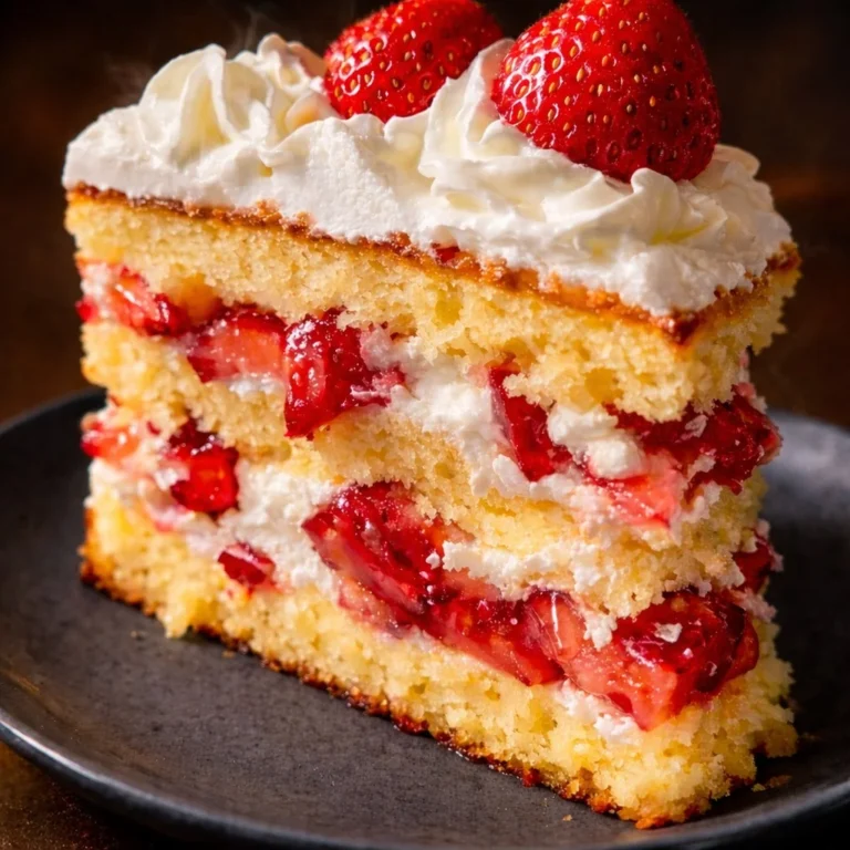 Valentine's Day strawberry cake topped with fresh strawberries and cream