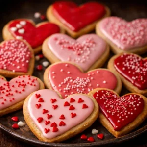 Decorative Valentine's Day sugar cookies shaped like hearts and adorned with icing.