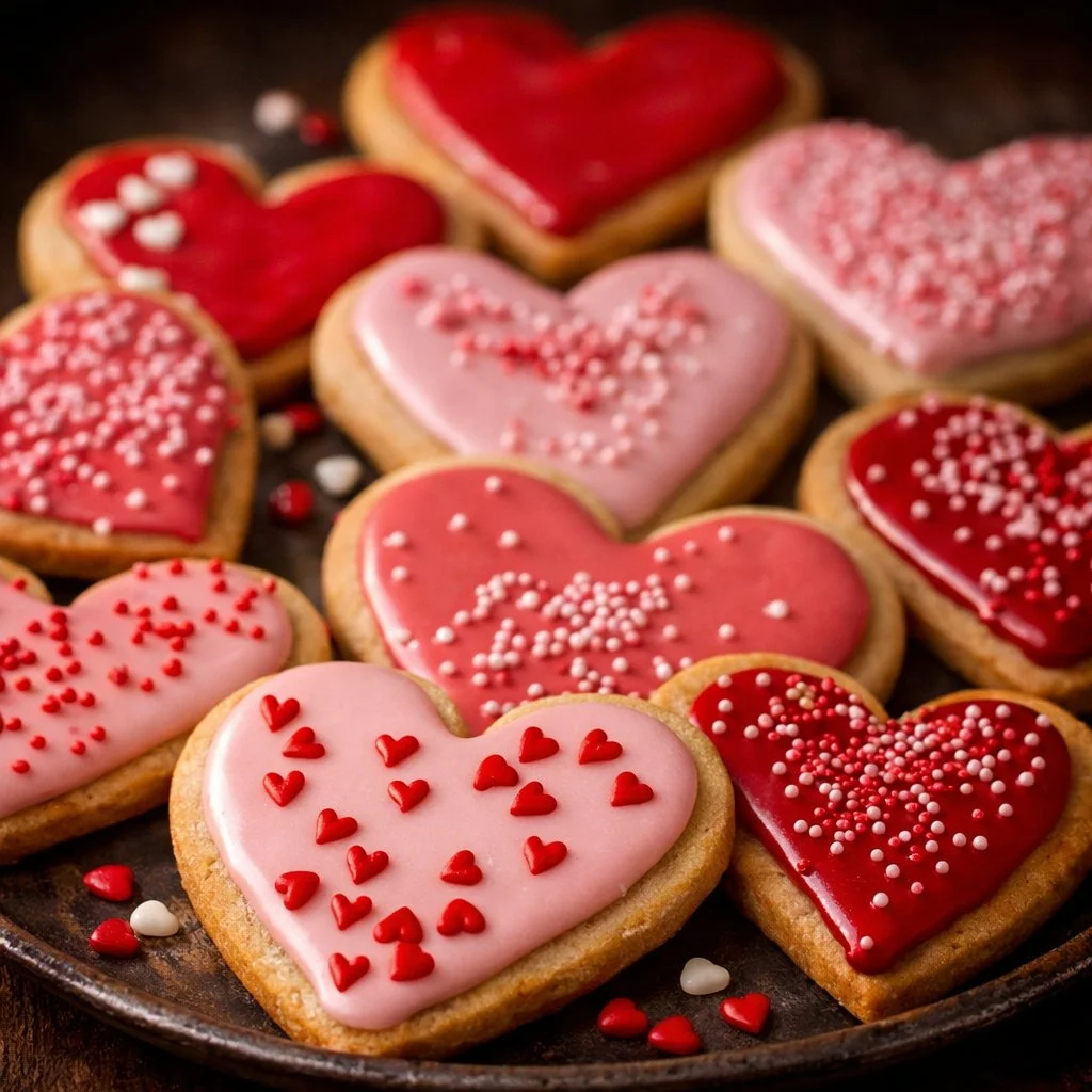 Decorative Valentine's Day sugar cookies shaped like hearts and adorned with icing.