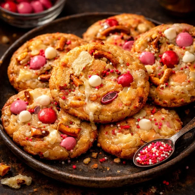 Valentine's Kitchen Sink Cookies with chocolate, nuts, and sprinkles