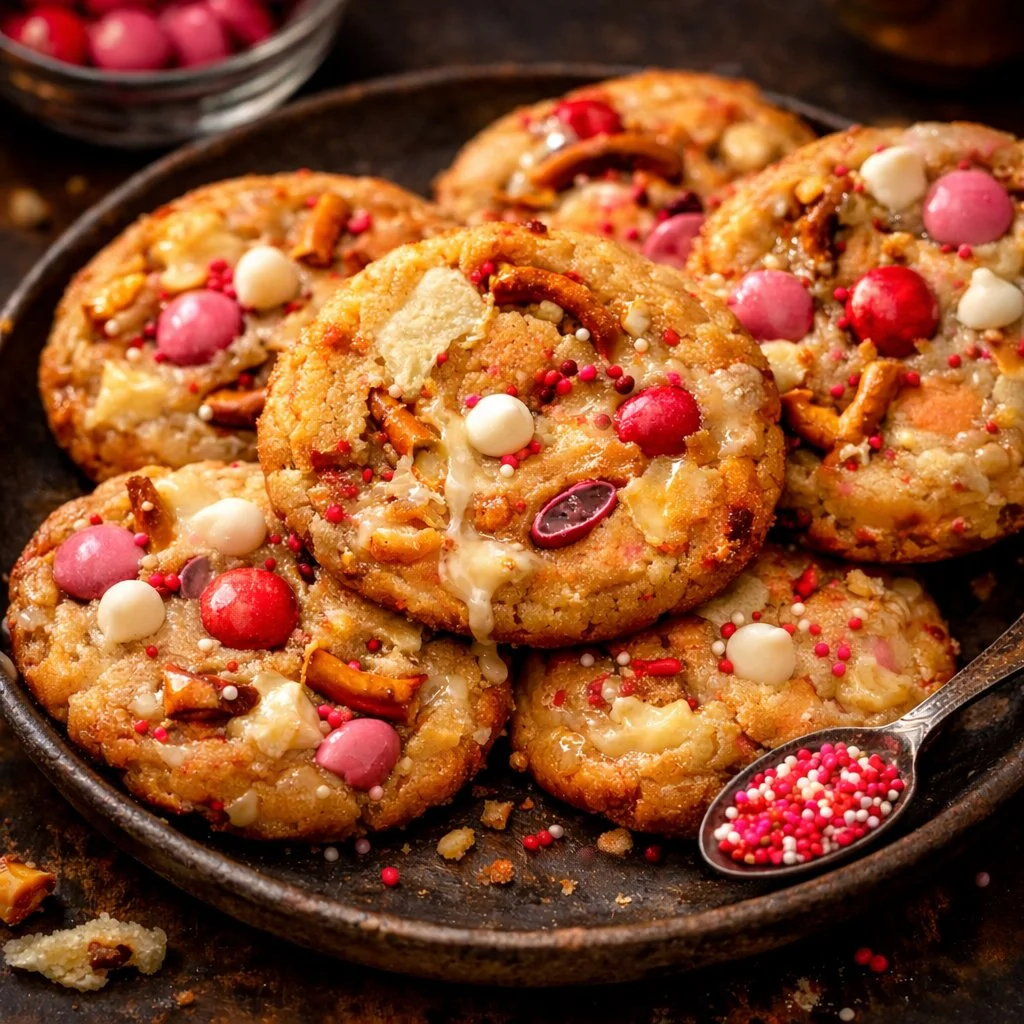 Valentine's Kitchen Sink Cookies with chocolate, nuts, and sprinkles