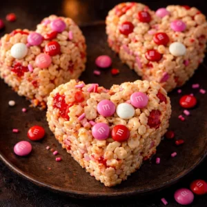 Valentine's Rice Crispy Treats Valentine's themed Rice Crispy Treats decorated with hearts and pastel colors
