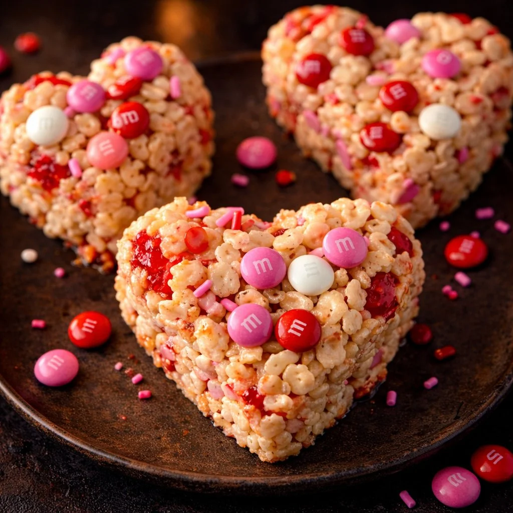 Valentine's themed Rice Crispy Treats decorated with hearts and pastel colors