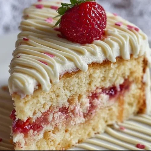 White Chocolate Strawberry Valentine's Day Cake decorated with strawberries and white chocolate.