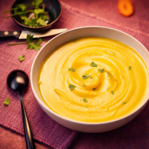 Smooth carrot velouté blended with peanut butter and cilantro, served warm with a few cilantro leaves on top.