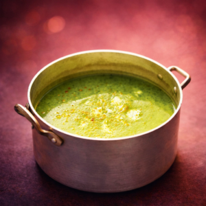 Zucchini Soup, Creamy and Curried Creamy green zucchini soup in a pot, lightly sprinkled with curry, served with a ladle and bowl.