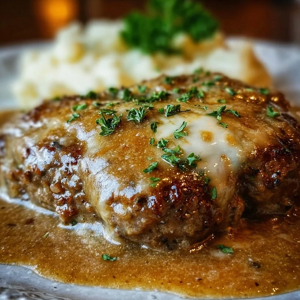 Amish Hamburger Steak Bake dish served with savory gravy and sides