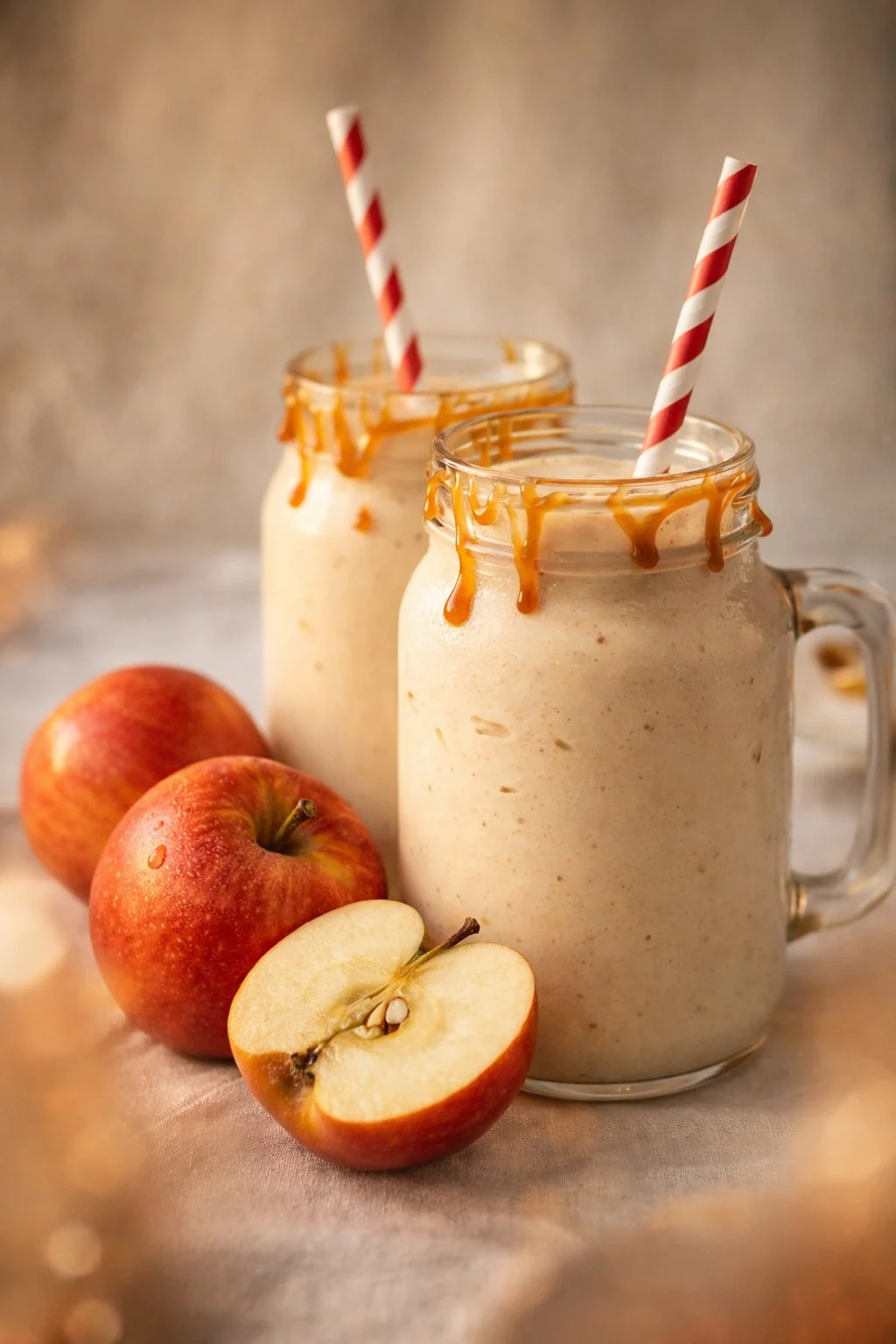 Delicious apple caramel milkshake garnished with whipped cream and caramel drizzle