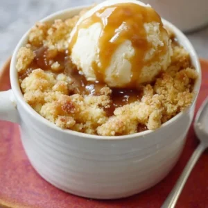 Apple Crumble Mug Cake Delicious apple crumble mug cake topped with cinnamon and served in a mug.