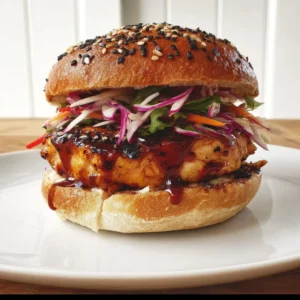 Succulent Asian chicken burgers topped with fresh ingredients and served on a bun.