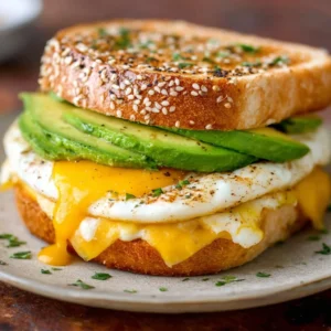 Delicious avocado egg cheese sandwich on a plate
