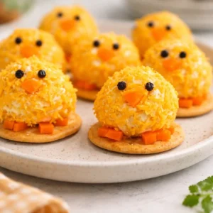Baby Chick Mini Cheese Balls displayed on a platter for a fun snack option