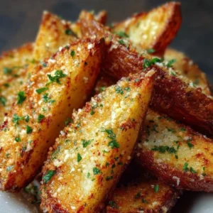 Baked garlic parmesan potato wedges served on a plate