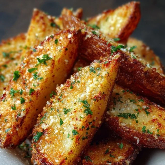 Baked garlic parmesan potato wedges served on a plate