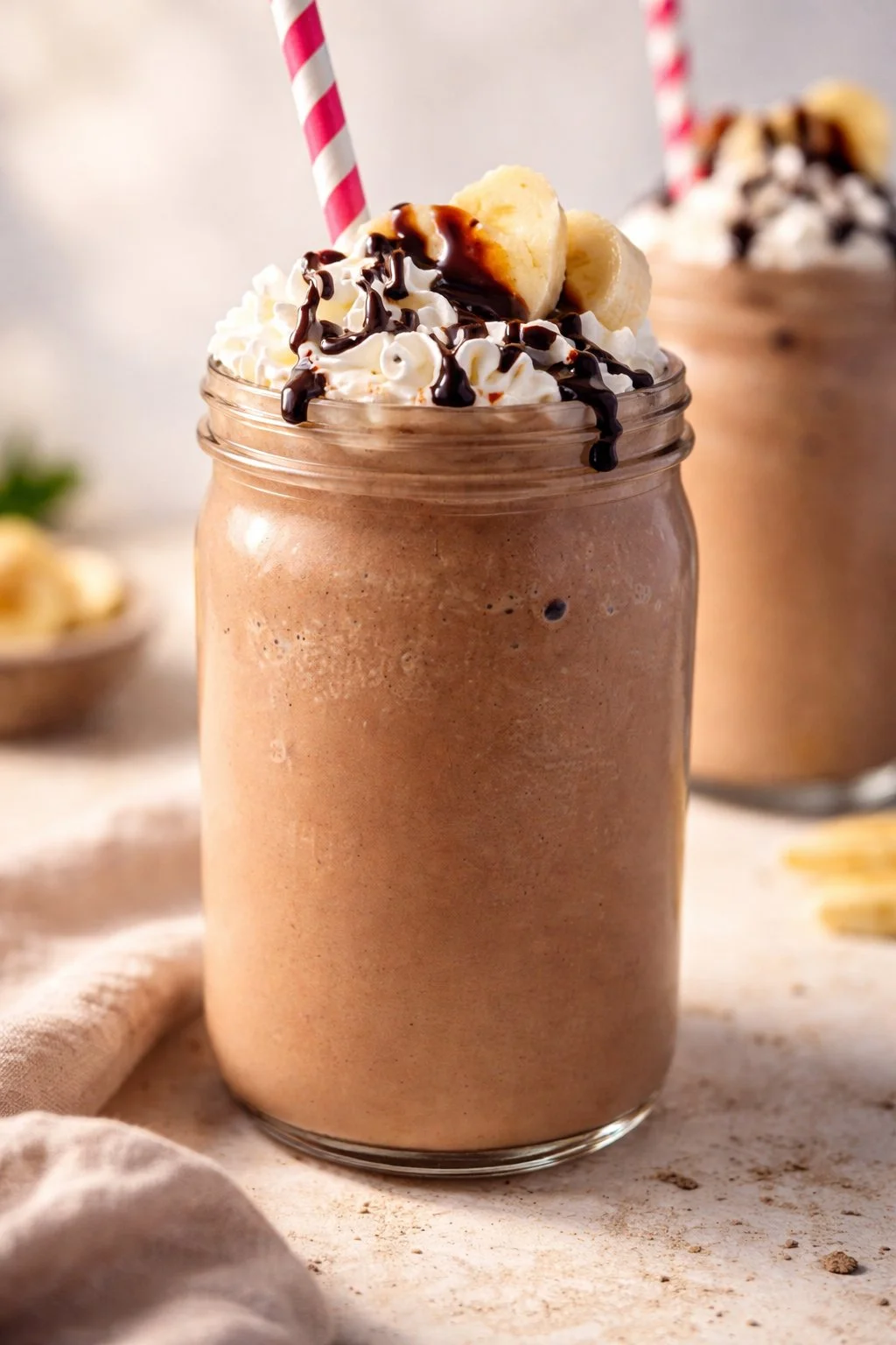 Creamy Banana Chocolate Milkshake topped with whipped cream and chocolate drizzle.