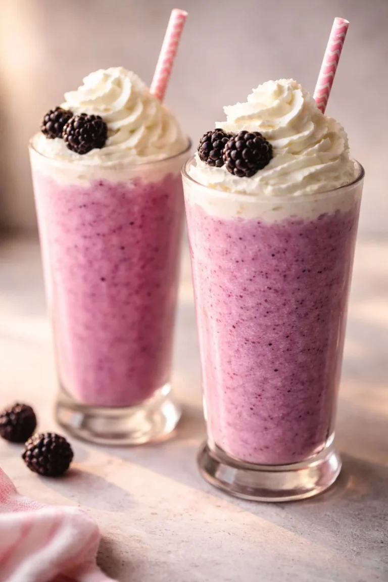 A refreshing Basic Berry Milkshake topped with fresh berries in a glass.