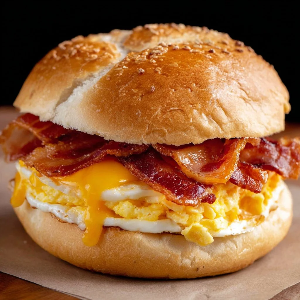Delicious Bacon Egg and Cheese sandwich on a fresh roll