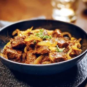 Beef and Onions Savory beef and onions dish served with vegetables