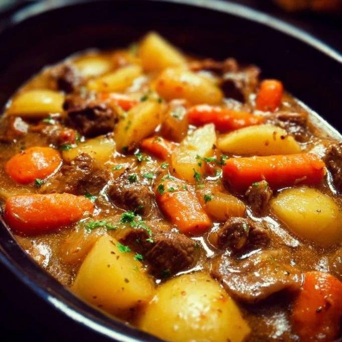 A delicious bowl of hearty beef stew with vegetables and herbs