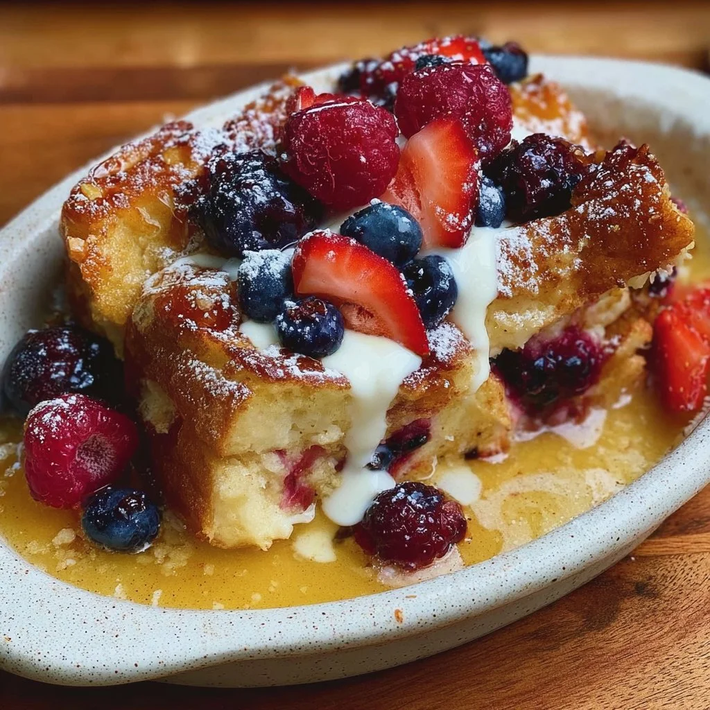 Berries and cream French toast bake topped with fresh berries