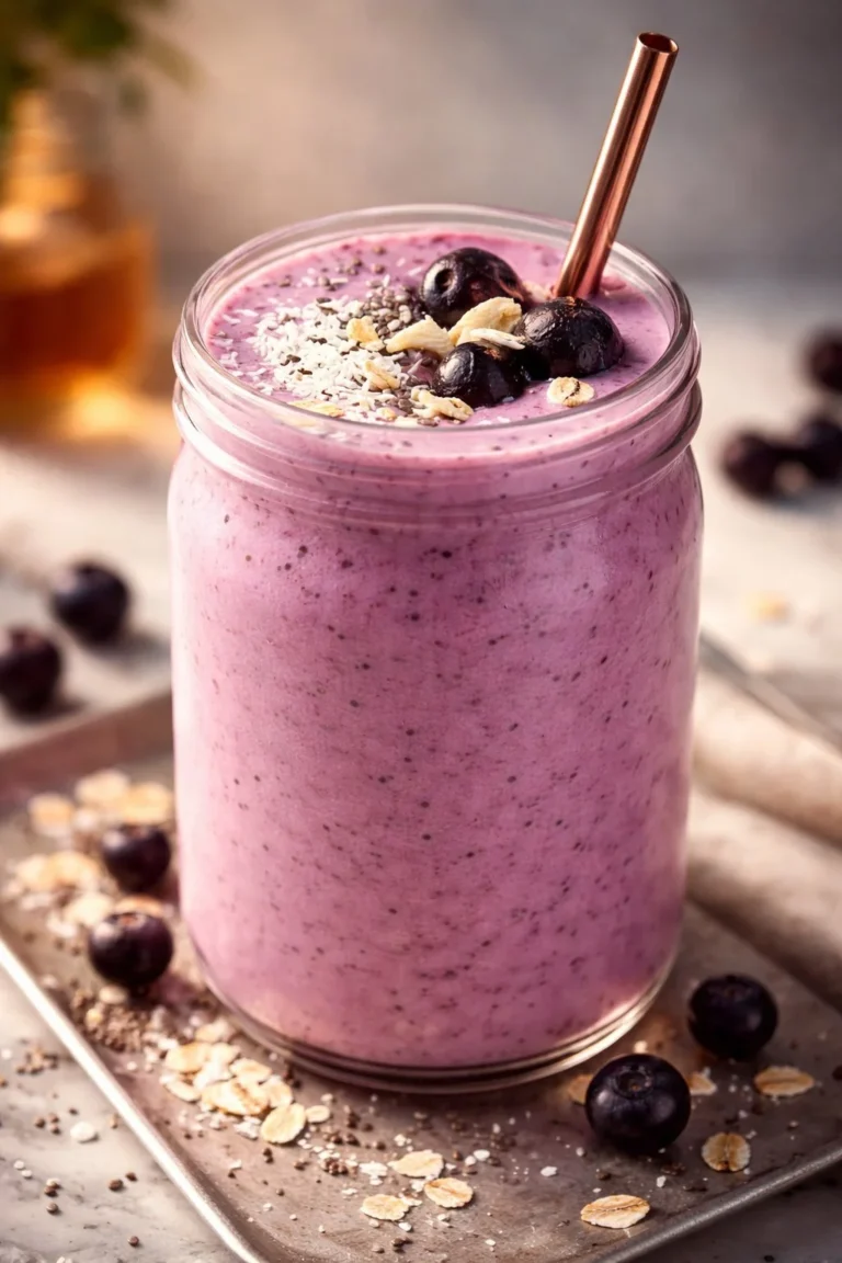 Berry and oat milkshake served in a glass with fresh berries.