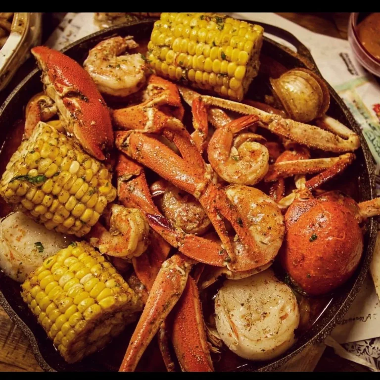 Delicious seafood boil featuring shrimp, crab, and corn on a table