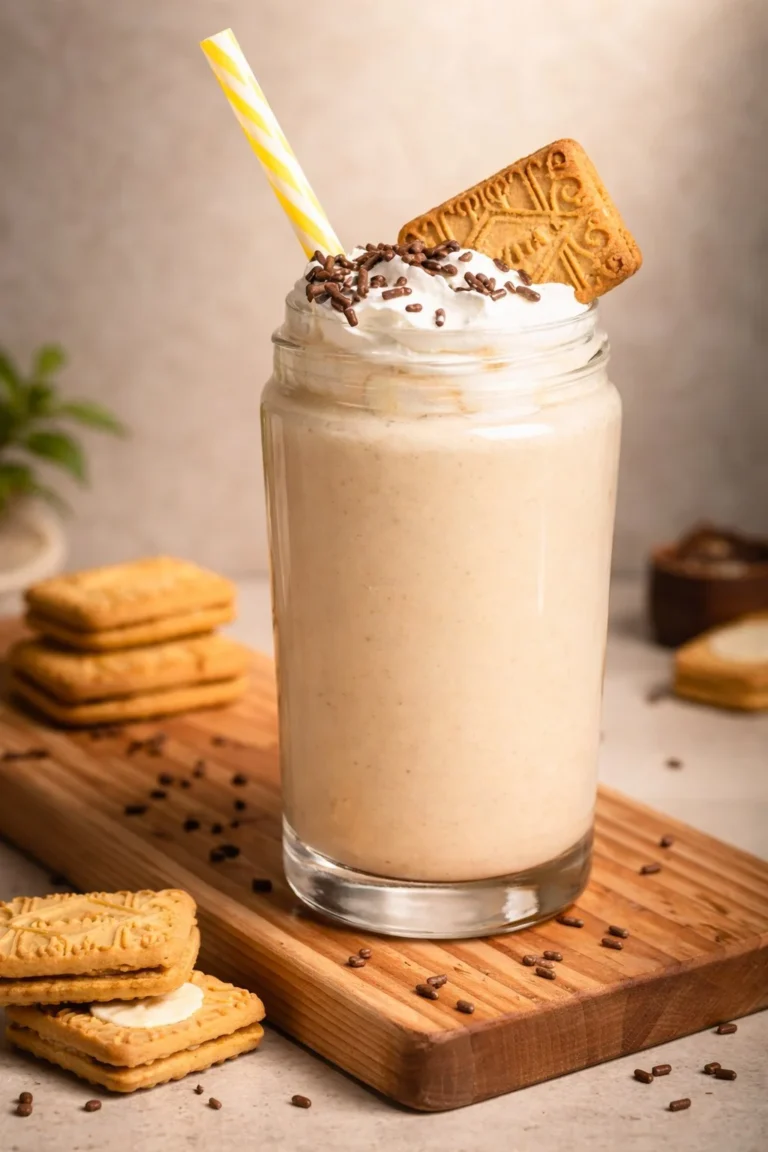 Creamy biscuit milkshake topped with whipped cream and cookie crumbs