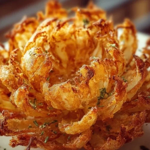 Crispy Blooming Onion served with dipping sauce, a popular appetizer dish.