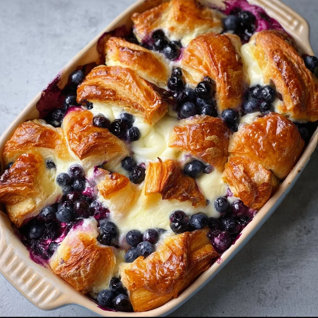 Blueberry cream cheese croissant casserole baked to perfection
