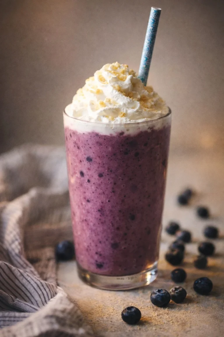 Delicious blueberry milkshake served in a tall glass with a straw and fresh blueberries on top.