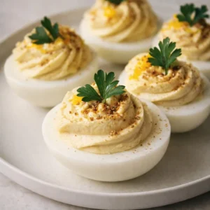 Boursin Deviled Eggs garnished with fresh herbs on a platter