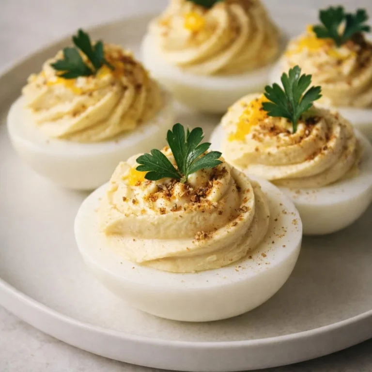 Boursin Deviled Eggs garnished with fresh herbs on a platter
