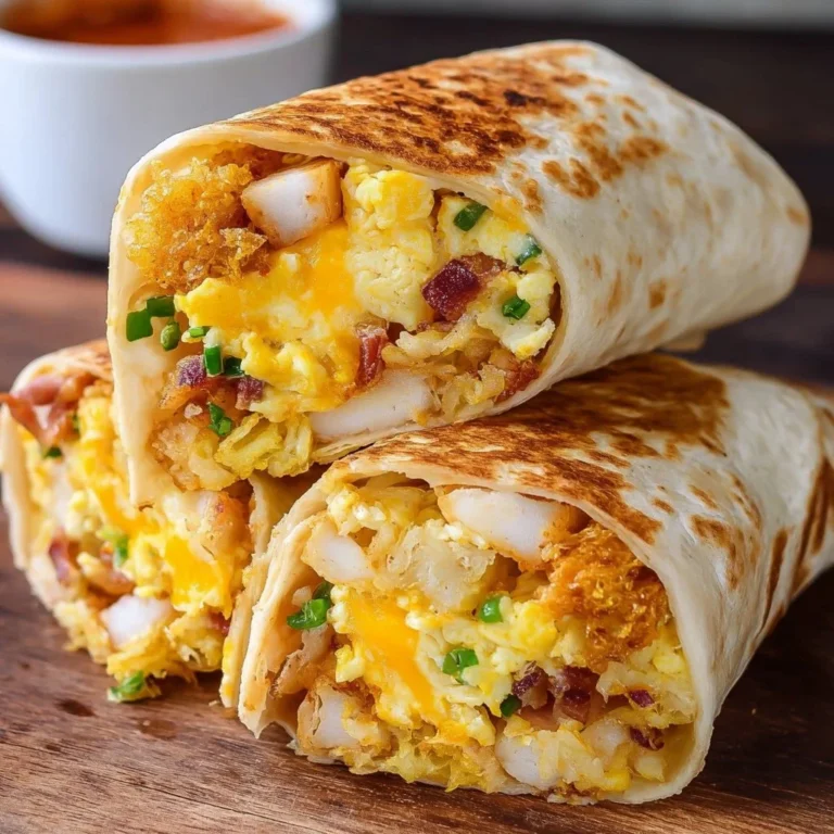Breakfast wrap with egg, cheese, and hash browns wrapped in a tortilla