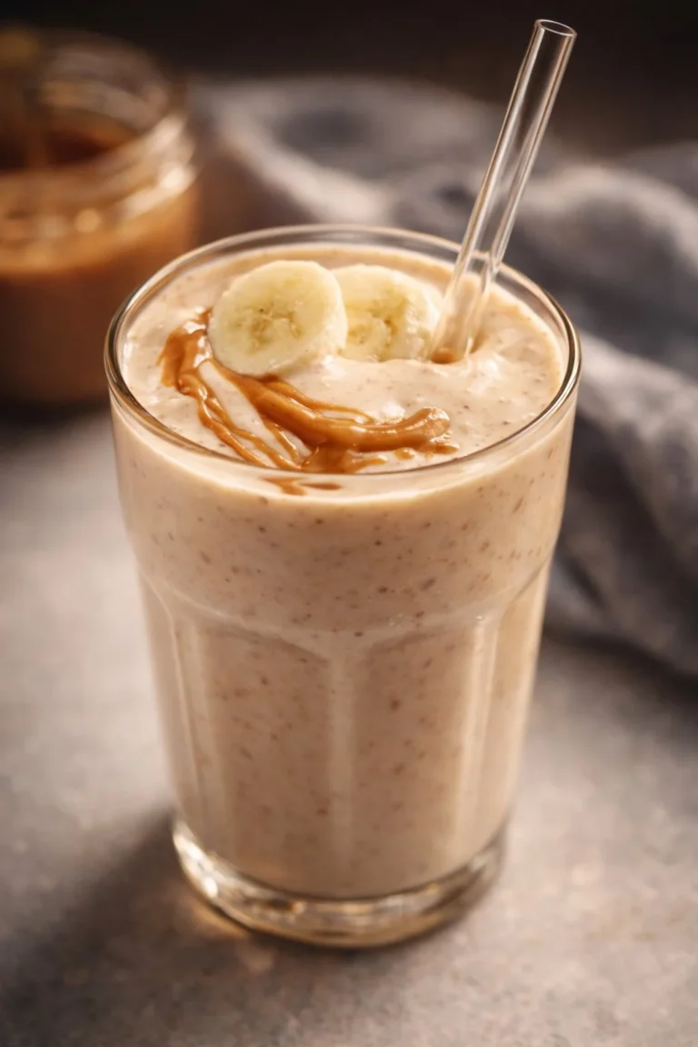 Delicious caramel banana milkshake topped with whipped cream and caramel drizzle