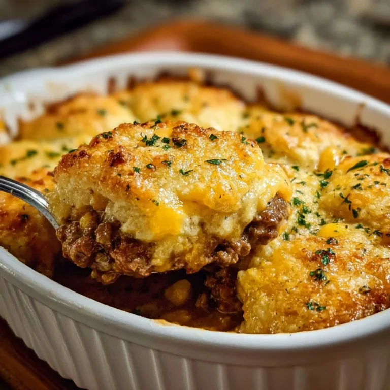 Cheddar Bay Ground Beef Cobbler served in a dish with a golden biscuit topping