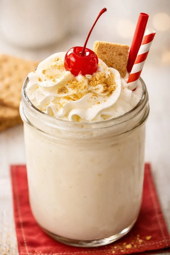 Home Delicious cheesecake milkshake topped with whipped cream and graham cracker crumbs.