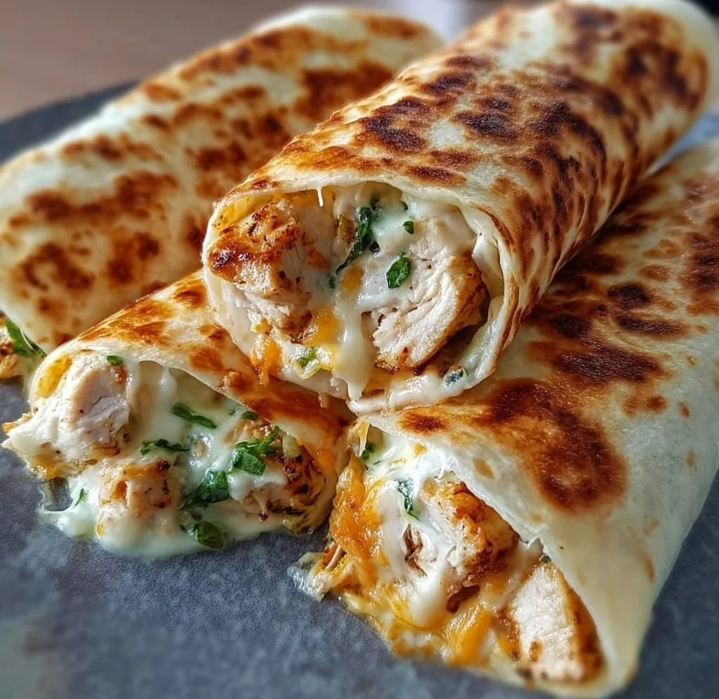Home Cheesy Garlic Chicken Wraps with melted cheese and fresh ingredients