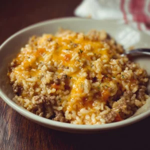 Cheesy ground beef and rice casserole served in a baking dish