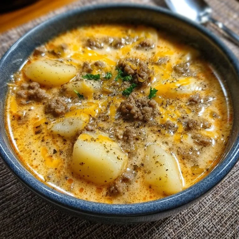 Bowl of cheesy hamburger potato soup with potatoes and cheese