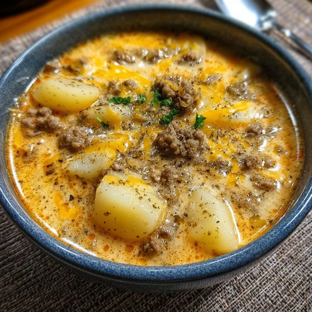 Bowl of cheesy hamburger potato soup with potatoes and cheese