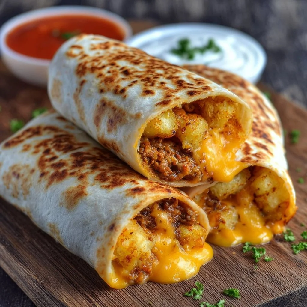 Delicious cheesy potato burritos served on a plate with toppings