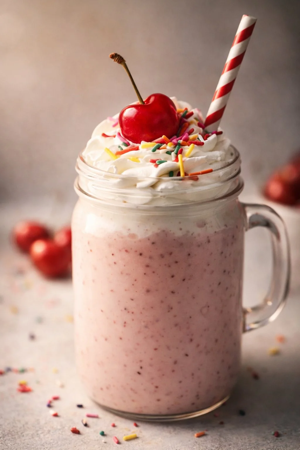 Delicious cherry milkshake with whipped cream and cherries on top