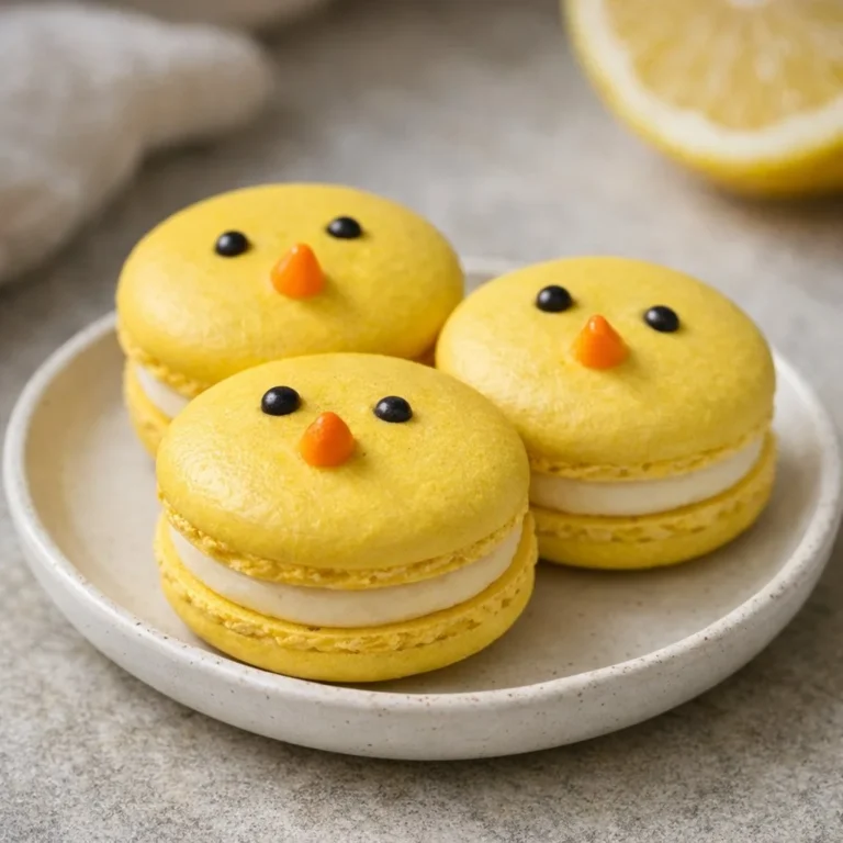 Chick Macarons in various colors, shaped like cute chicks, perfect for desserts.