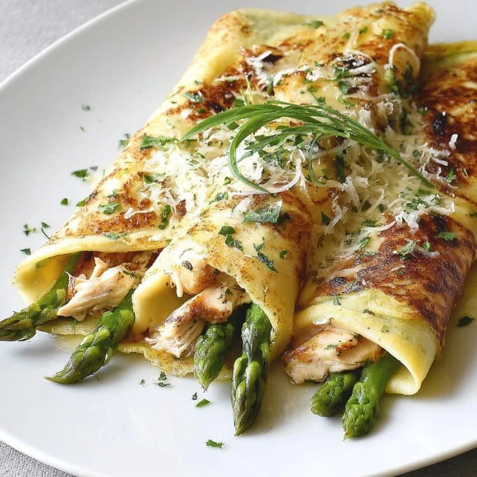 Home Delicious chicken and asparagus crêpes served on a plate