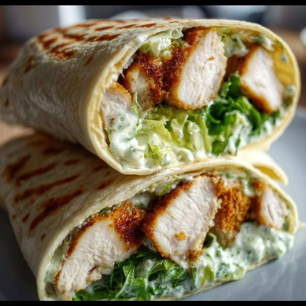 Delicious Chicken Caesar Wraps with chicken, romaine lettuce, and Caesar dressing