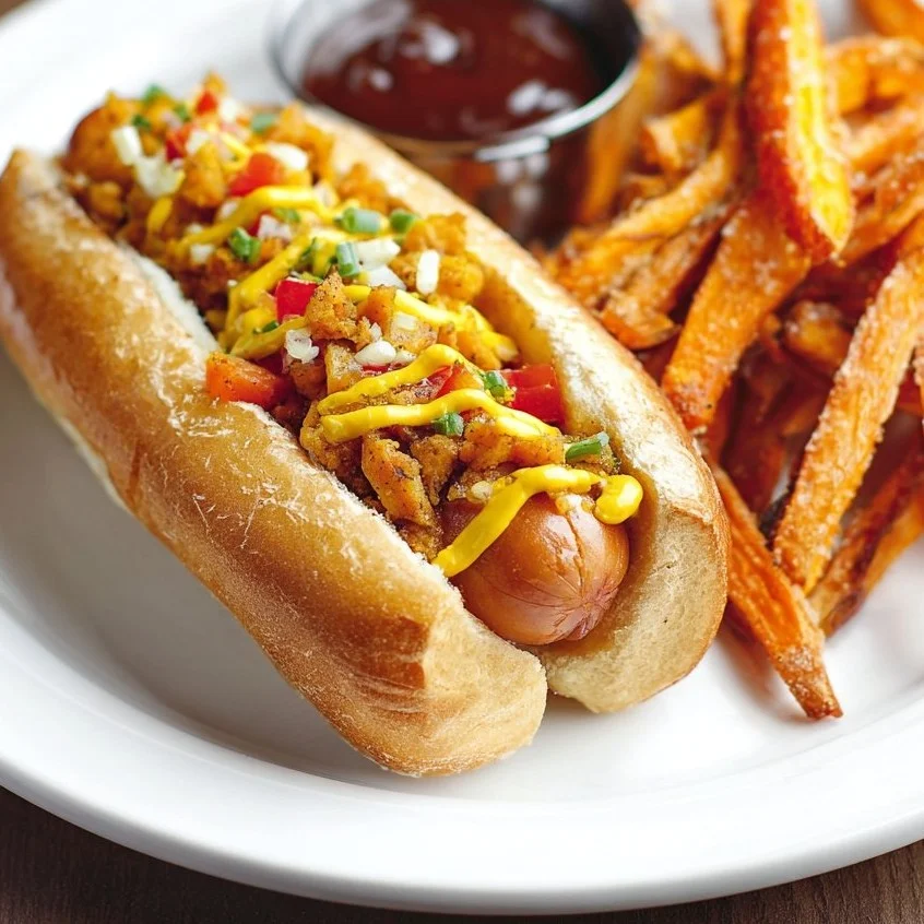 Plate of chicken dogs served with sweet potato fries