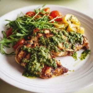 Delicious Chicken with Arugula Pesto garnished with fresh herbs on a plate